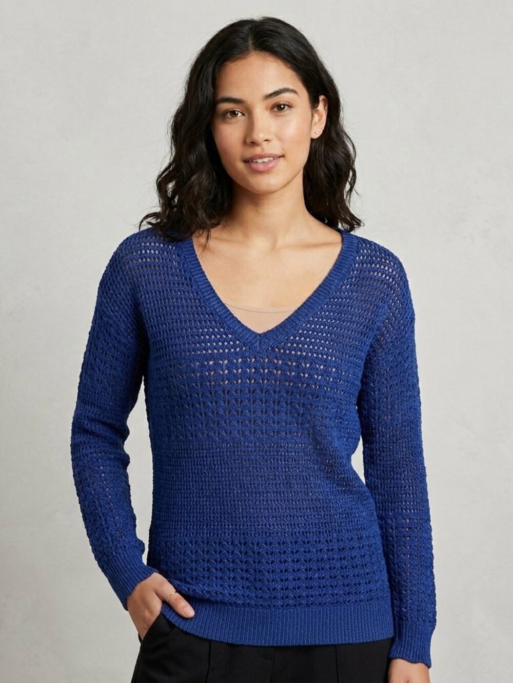 DKNY Jeans Knit V-Neck Long Sleeve Sweater Blue